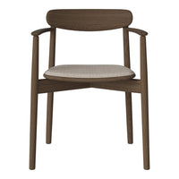 Brown wooden chair with light beige seat cushion and minimalist design. Perfect for modern home decor.