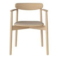 Light wood chair with a natural finish and a neutral beige seat cushion. Simple, modern design with clean lines.