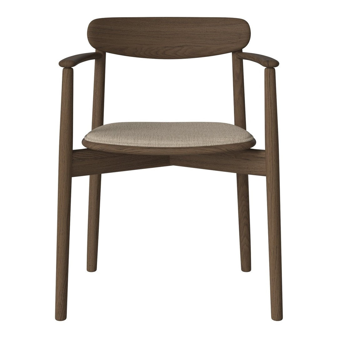Stylish brown wooden chair with a cushioned beige seat, featuring a sleek, minimalist design.