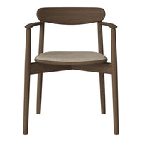 Stylish brown wooden chair with a cushioned beige seat, featuring a sleek, minimalist design.