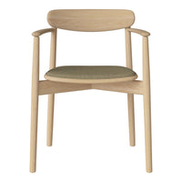 Light wood armchair with a soft green upholstered seat and a minimalistic design, perfect for modern decor.