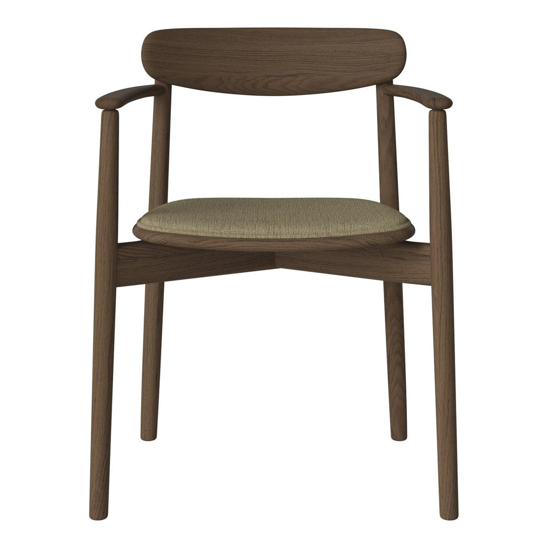 Brown wooden chair with a light green upholstered seat and minimalist design.