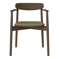 Brown wooden chair with a light green upholstered seat and minimalist design.