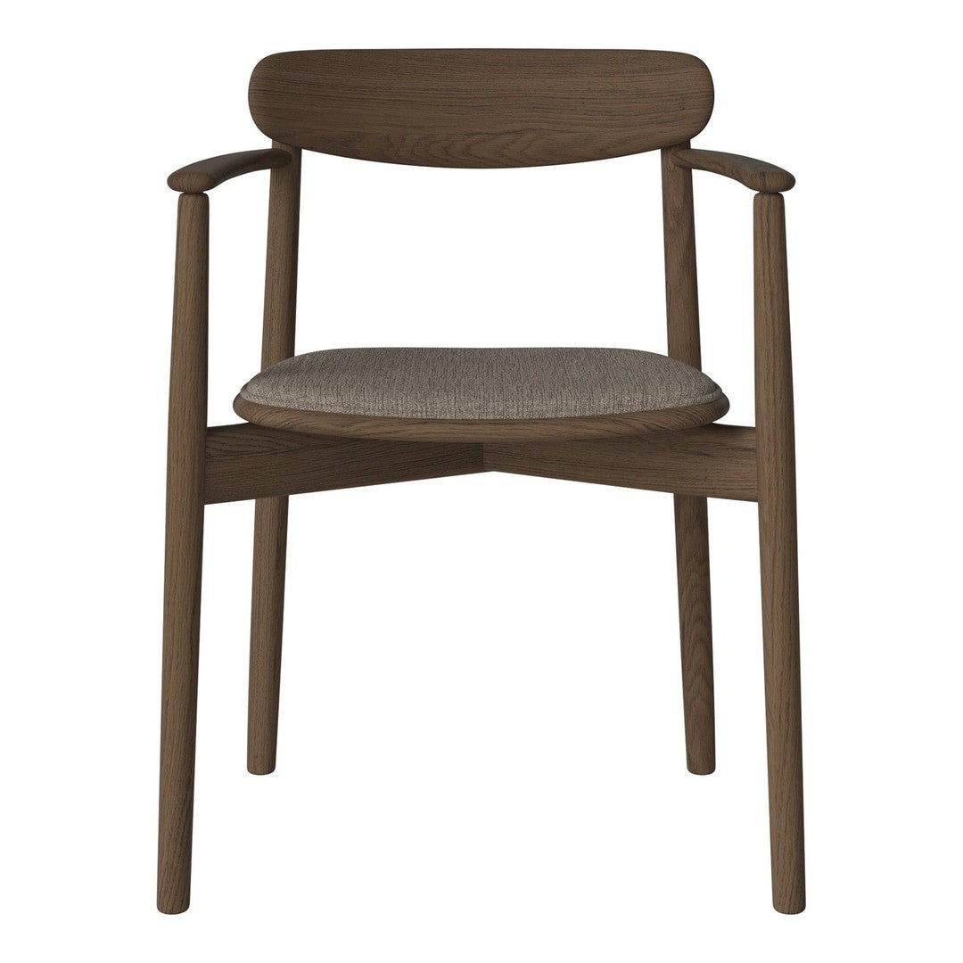 Brown wooden chair with a beige padded seat and simple, modern design. Perfect for contemporary decor.