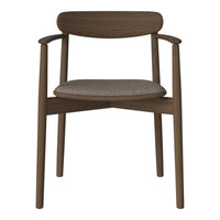 Brown wooden chair with a beige padded seat and simple, modern design. Perfect for contemporary decor.