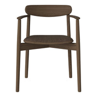 Brown wooden chair with a smooth finish and a textured seat, featuring simple, modern lines.