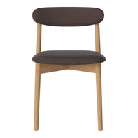 Brown upholstered chair with a smooth, minimalist design and light wooden legs. Perfect for modern decor.