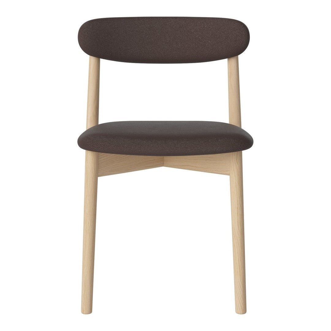 Brown upholstered chair with light wooden legs and a minimalist design, featuring a smooth, solid color pattern.