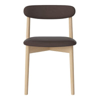 Brown upholstered chair with light wooden legs and a minimalist design, featuring a smooth, solid color pattern.