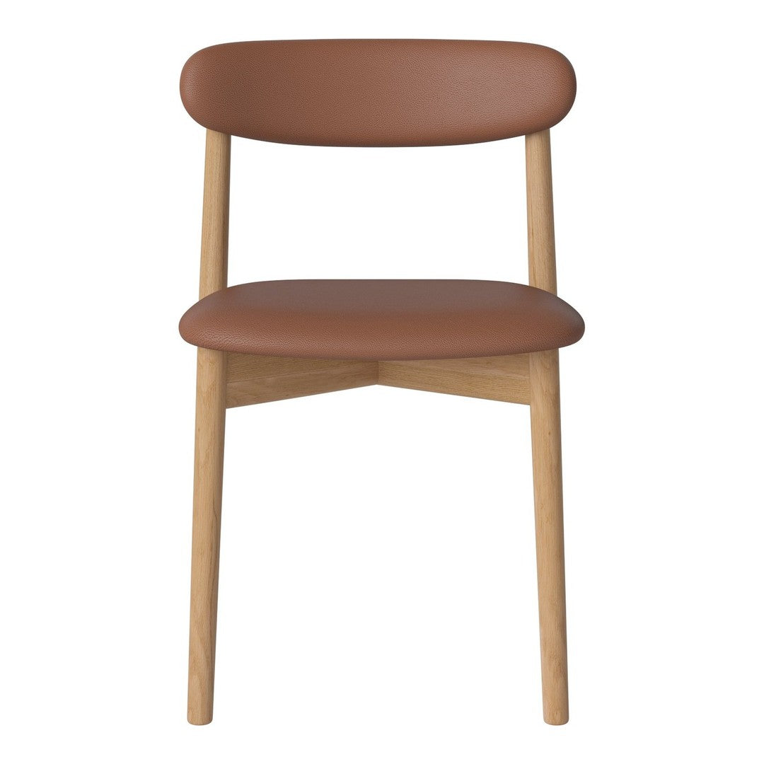 Brown leather chair with a minimalist design and natural wood legs. Simple, modern aesthetics for any space.