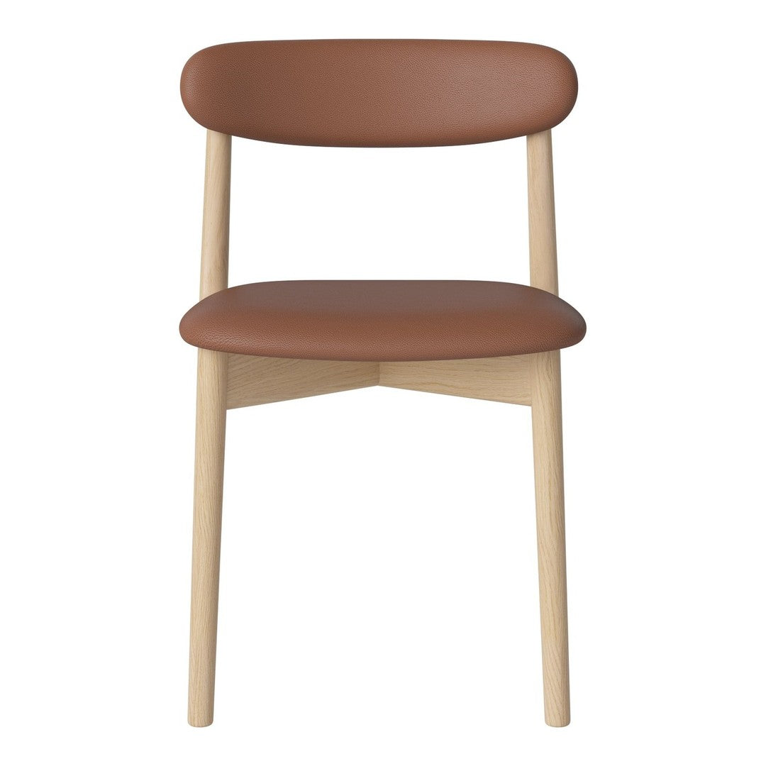 Brown faux leather chair with a smooth finish and light wood legs, featuring a minimalistic design.