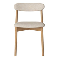 Beige upholstered chair with a minimalist design and natural wood legs, showcasing a soft texture and clean lines.