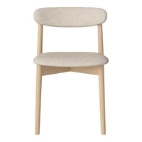 Light beige upholstered chair with a minimalist design and smooth wooden legs.