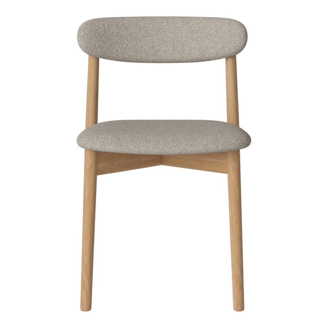 Light gray upholstered chair with natural wood legs, featuring a minimalist design and soft fabric texture.