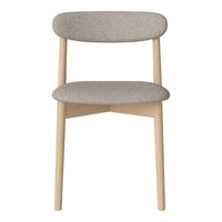 Light gray upholstered chair with a smooth, minimalist design and natural wood legs. Modern and stylish accent piece.