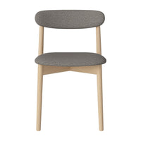 Gray upholstered chair with a minimalist design and natural wood legs. Perfect for modern decor.