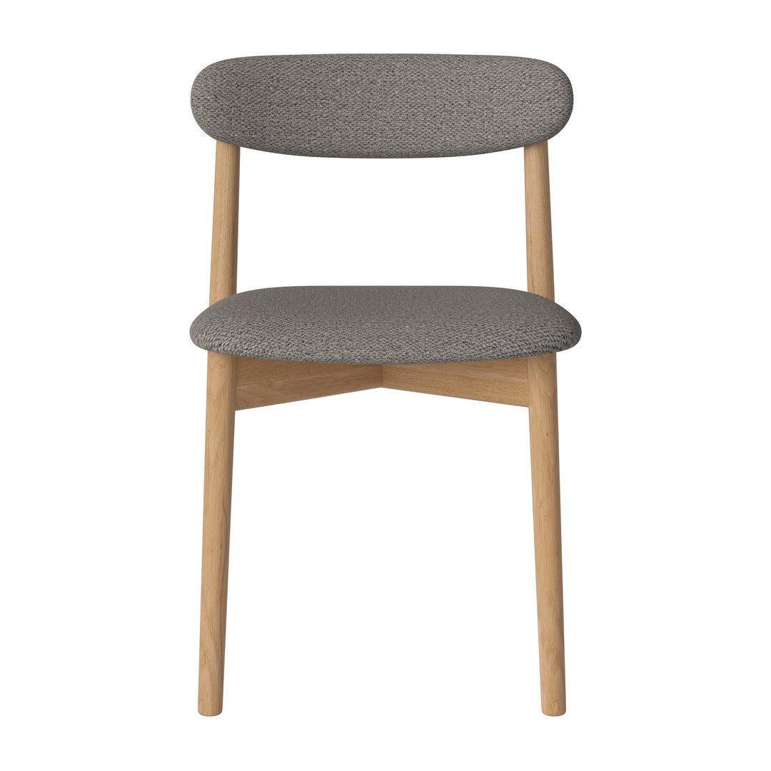 Gray upholstered chair with a smooth, minimalist design and natural wood legs. Perfect for modern interiors.