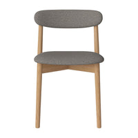 Gray upholstered chair with a smooth, minimalist design and natural wood legs. Perfect for modern interiors.