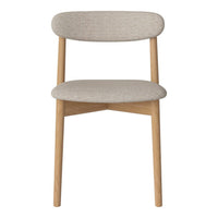 Beige upholstered chair with a smooth texture and natural wood legs, featuring a minimalist design.