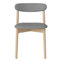 Gray upholstered chair with natural wooden legs and a minimalist design.
