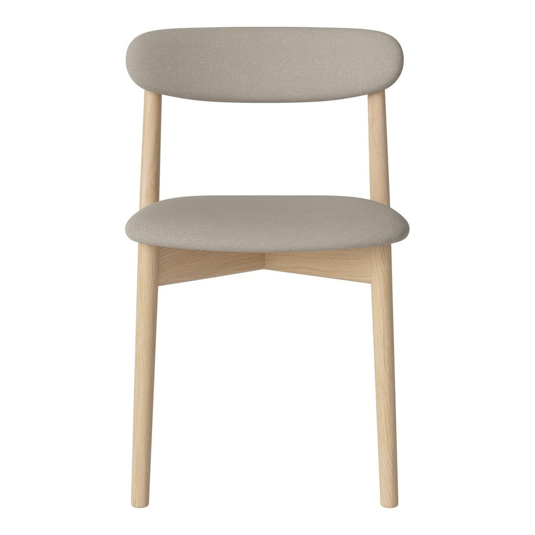 Light gray upholstered chair with a smooth wooden frame and minimalist design, featuring natural wood legs.