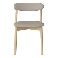 Light gray upholstered chair with a smooth wooden frame and minimalist design, featuring natural wood legs.