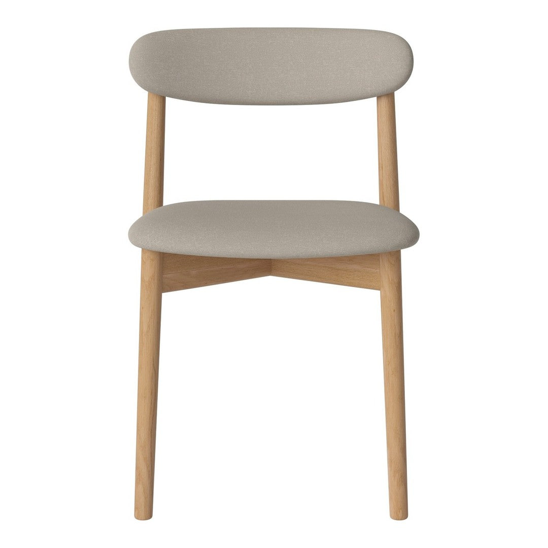 Beige upholstered chair with natural wood legs, featuring a minimalist and modern design.