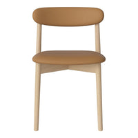 Tan upholstered chair with a sleek, minimalist design and natural wood legs. Ideal for modern decor.