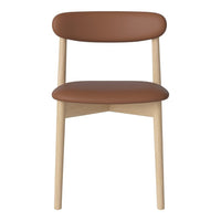 Brown upholstered chair with a smooth, rounded back, paired with light wooden legs for a modern, minimalist look.