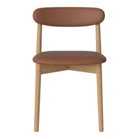 Brown leather chair with a smooth finish and natural wooden legs, showcasing a modern and minimalist design.