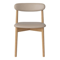 Beige upholstered chair with natural wooden legs, featuring a minimalist design and smooth, curved contours.