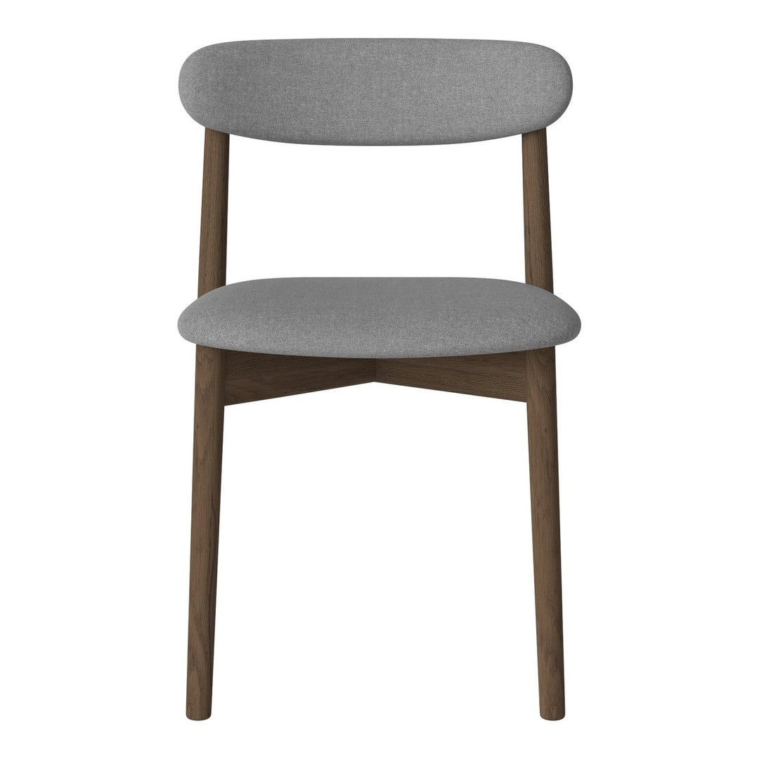 Gray upholstered chair with a smooth, minimalist design and wooden legs in a rich brown finish.