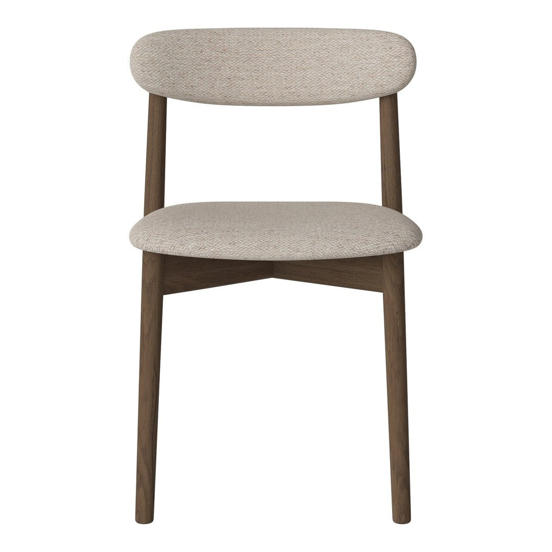 Beige upholstered chair with a simple, modern design and dark wood legs, featuring a smooth, textured surface.