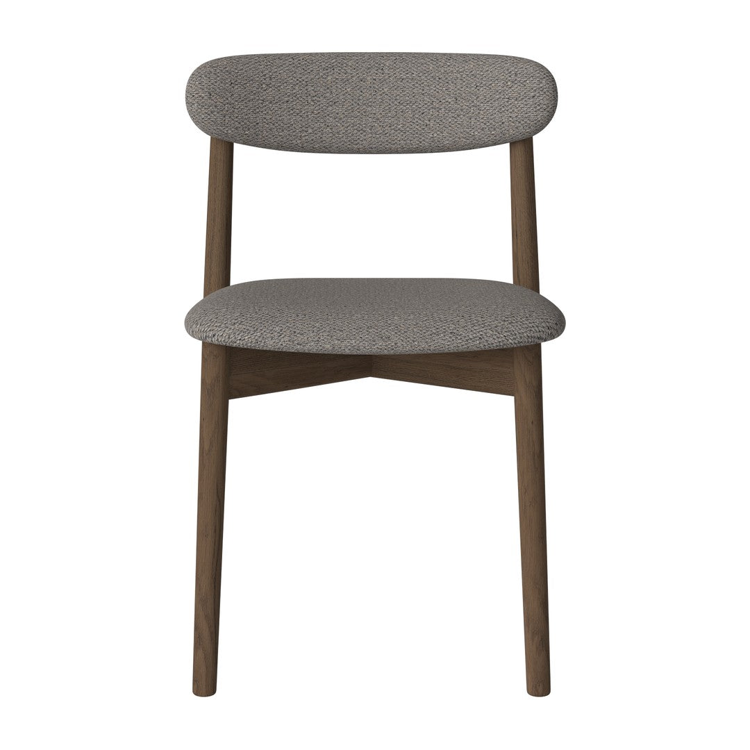 Gray upholstered chair with a smooth, minimalist design and wooden legs. Perfect for modern decor.