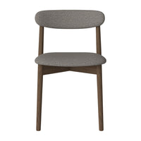 Gray upholstered chair with a smooth, minimalist design and wooden legs. Perfect for modern decor.