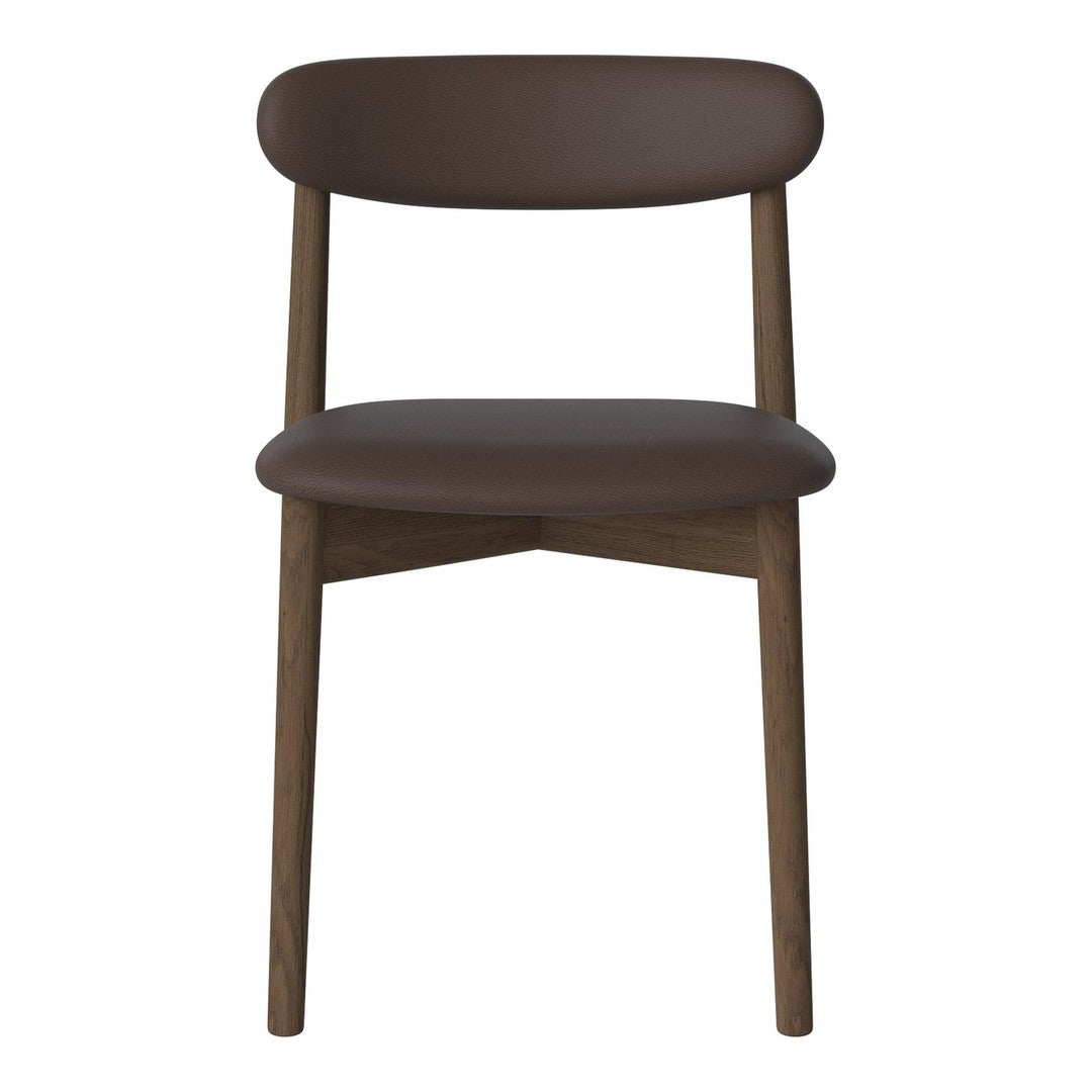 Brown leather chair with a sleek matte finish and wooden legs, featuring a minimalist design. Perfect for modern decor.
