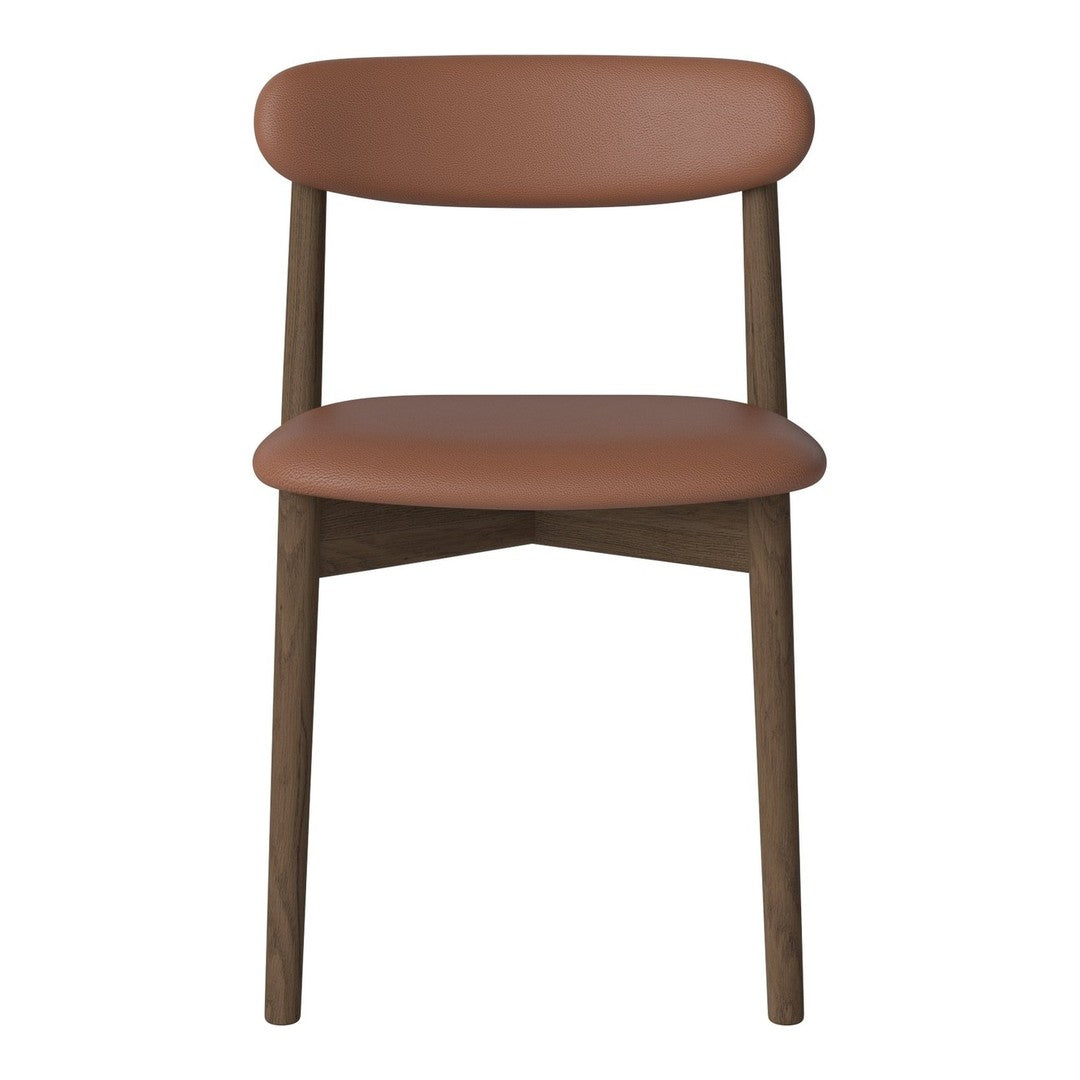 Brown leather seat and backrest with dark wooden legs, featuring a minimalist design. Perfect for modern decor.