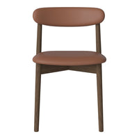 Brown leather seat and backrest with dark wooden legs, featuring a minimalist design. Perfect for modern decor.
