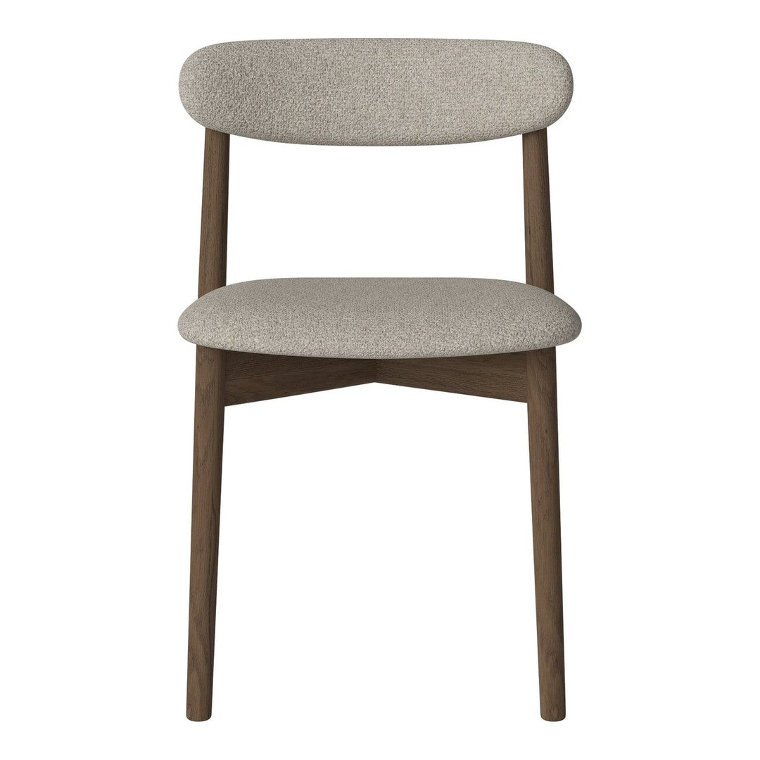 Neutral beige upholstered chair with smooth, rounded backrest and wooden legs, featuring a minimalist design.