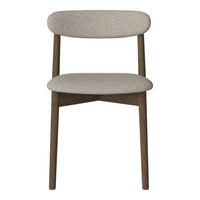 Neutral beige upholstered chair with smooth, rounded backrest and wooden legs, featuring a minimalist design.