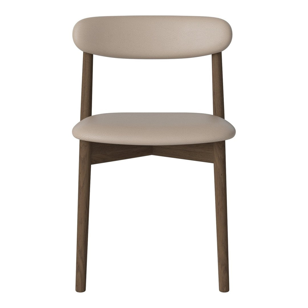 Beige upholstered chair with a smooth finish and a natural wood frame, featuring simple, modern design elements.