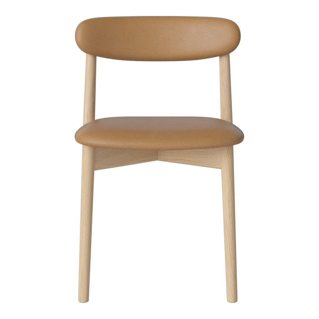 Brown leather chair with a smooth, minimalistic design and natural wood legs. Modern and stylish for any space.