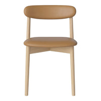 Brown leather chair with a smooth, minimalistic design and natural wood legs. Modern and stylish for any space.