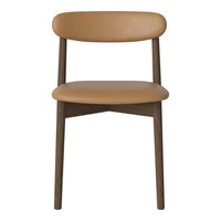 Brown upholstered chair with a smooth, rounded backrest and sleek wooden legs, offering a minimalistic design.