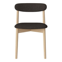 Modern chair with a sleek dark gray fabric seat and backrest, complemented by light wooden legs. Minimalist design.