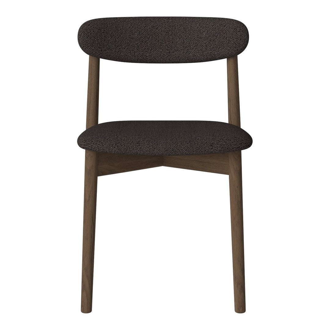 Dark gray upholstered chair with a minimalist design and wooden legs, perfect for modern decor.