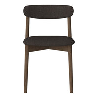 Dark gray upholstered chair with a minimalist design and wooden legs, perfect for modern decor.