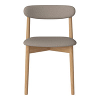 Minimalist chair featuring a soft grey upholstered seat and backrest with natural wood legs.