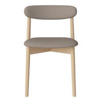 Minimalist chair with a light wood frame and soft gray upholstery, featuring a smooth, streamlined design.