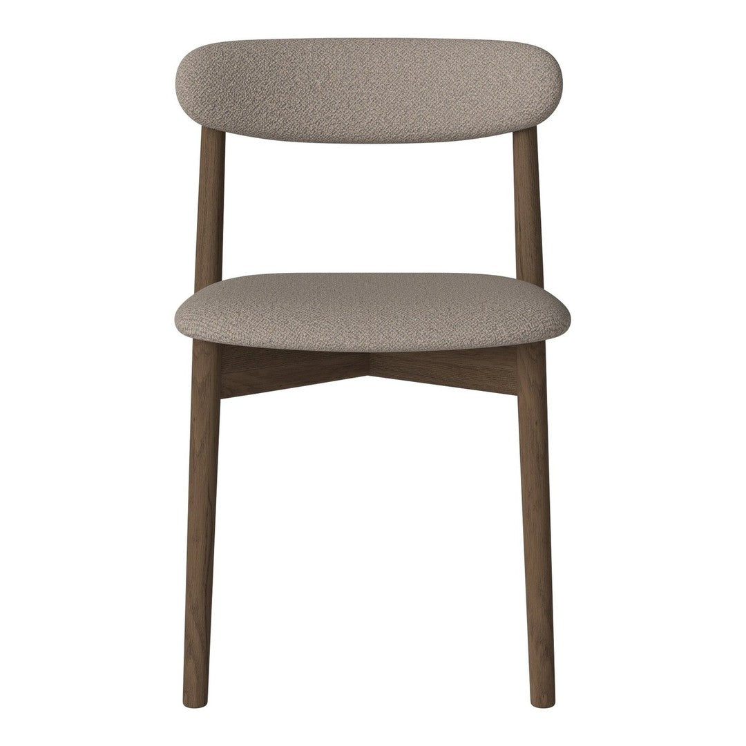 Neutral taupe fabric seat and backrest with dark wooden legs. Minimalist design with a smooth, modern finish.